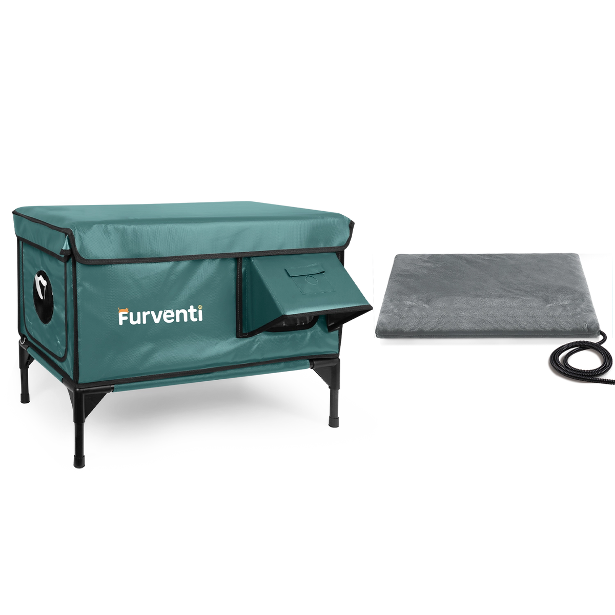 Furventi High Legs Outdoor Cat House Dark Green Camouflage *1 heating pad  & Outdoor Stray Heated Cat House