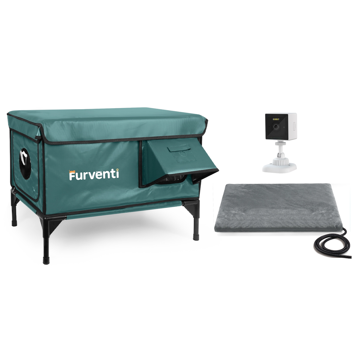 Furventi High Legs Outdoor Cat House Dark Green Camouflage *1 heating pad  *1  camera & Outdoor Stray Heated Cat House