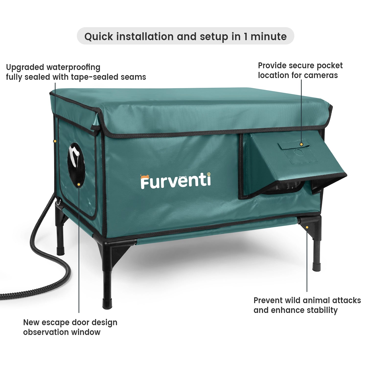 Furventi High Legs Outdoor Cat House Dark Green Product Features 1 & Outdoor Stray Heated Cat House