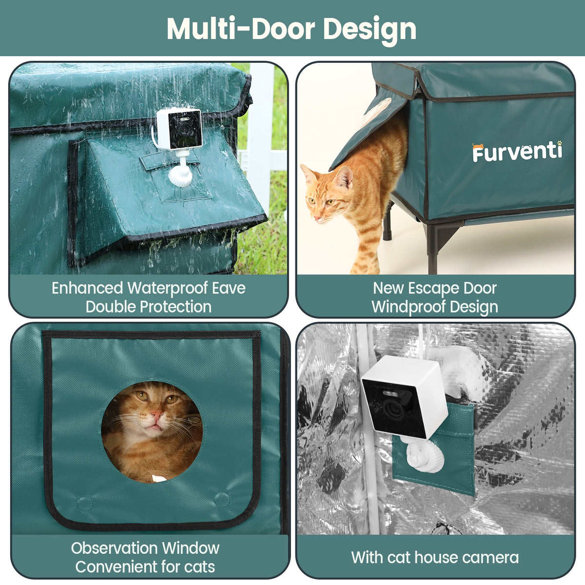 Furventi High Legs Outdoor Cat House Dark Green Product Multi-door design & Outdoor Stray Heated Cat House