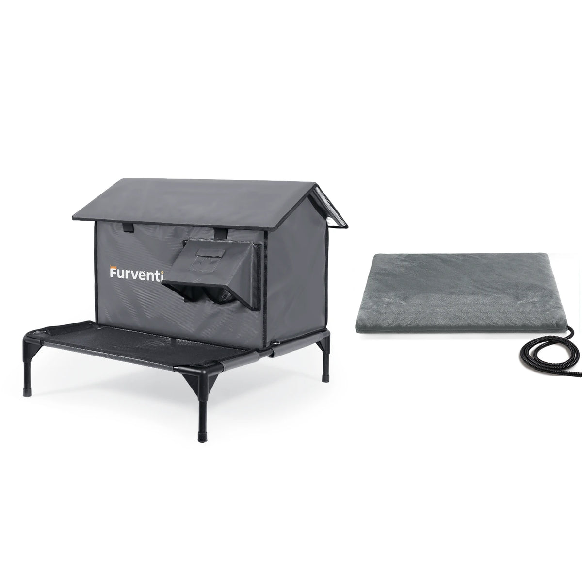 Furventi Platform Outdoor Cat House Dark Grey Camouflage *1 heating pad  & Outdoor Stray Heated Cat House