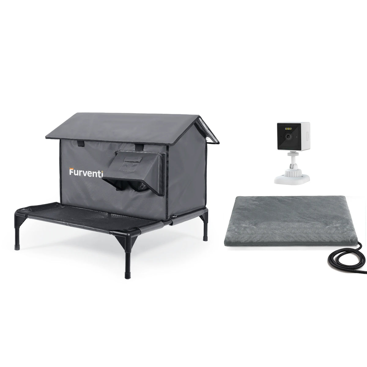 Furventi Platform Outdoor Cat House Dark Grey Camouflage *1 heating pad  *1  camera & Outdoor Stray Heated Cat House