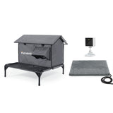 Furventi Platform Outdoor Cat House Dark Grey Camouflage *1 heating pad  *1  camera & Outdoor Stray Heated Cat House