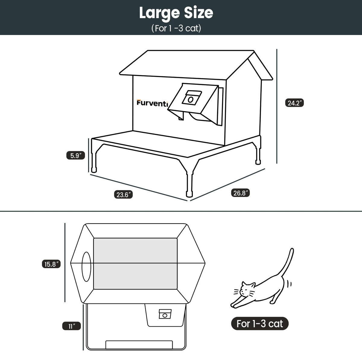 Furventi Platform Outdoor Cat House Dark Grey Product size & Outdoor Stray Heated Cat House
