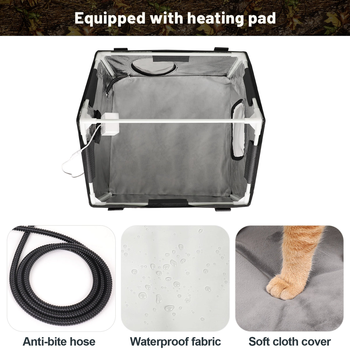 Furventi Rooftop Outdoor Cat House Leaves Product heating pad & Outdoor Stray Heated Cat House